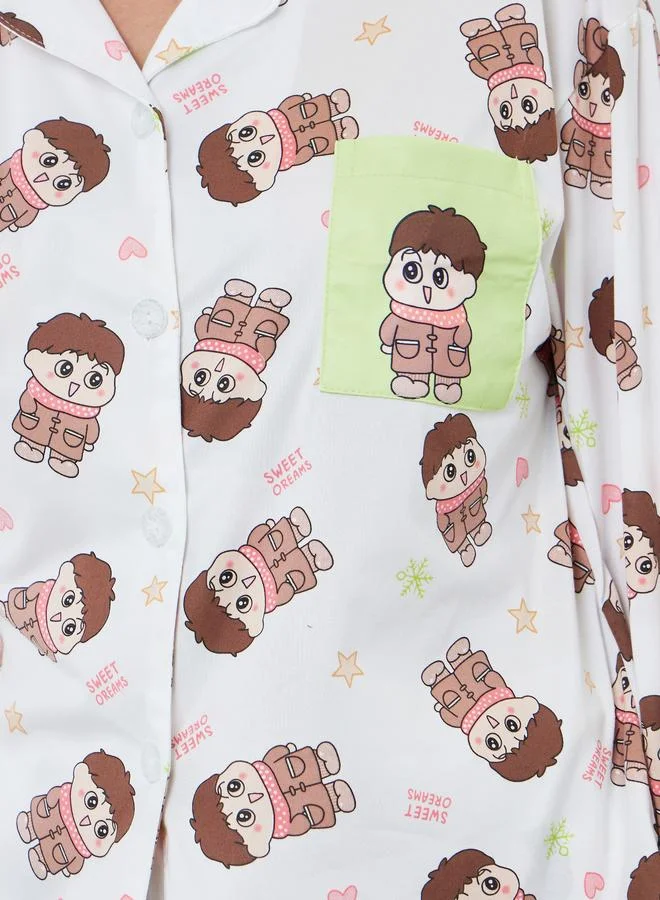 Styli Women Cute Cartoon Print Shirt and Pyjama Set